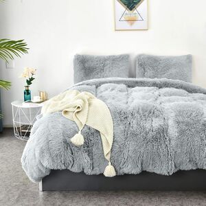 Grey Velvet Duvet Set Soft Fluffy Plush Shaggy Comforter Cover Bedding Queen